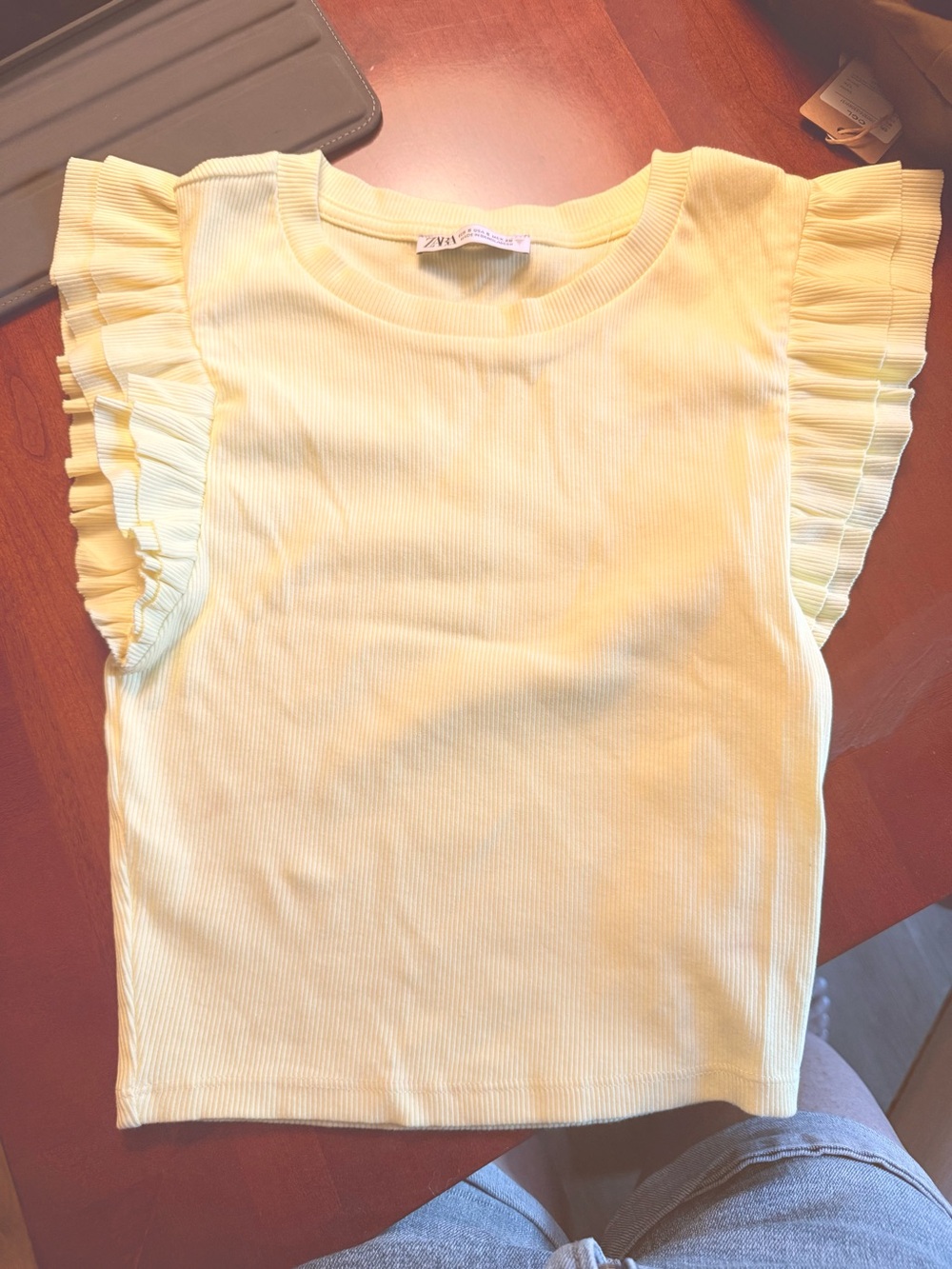 Zara Light Yellow Ruffle Sleeve Ribbed Tee